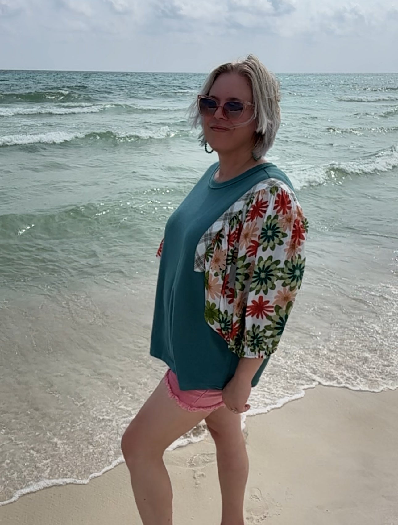 SAGE + FIG Teal Printed Balloon Sleeve Contrast Top Shirts & Tops