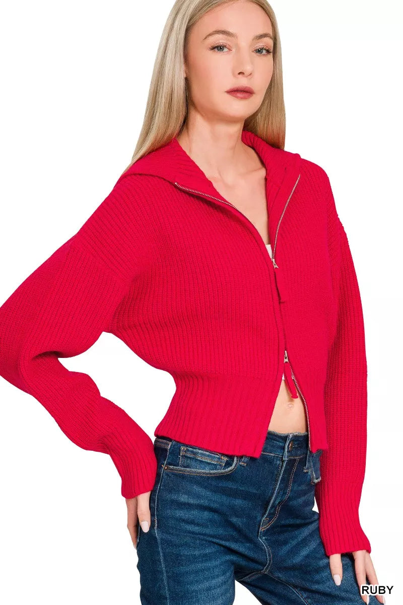 Zenana Ruby Ribbed Collared Zip Up Sweater Cardigan