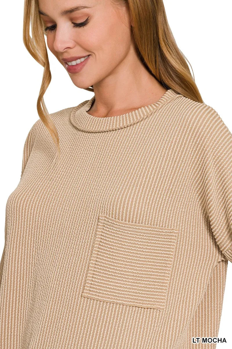 Zenana Light Mocha Long Sleeve Drop Shoulder Rib Top