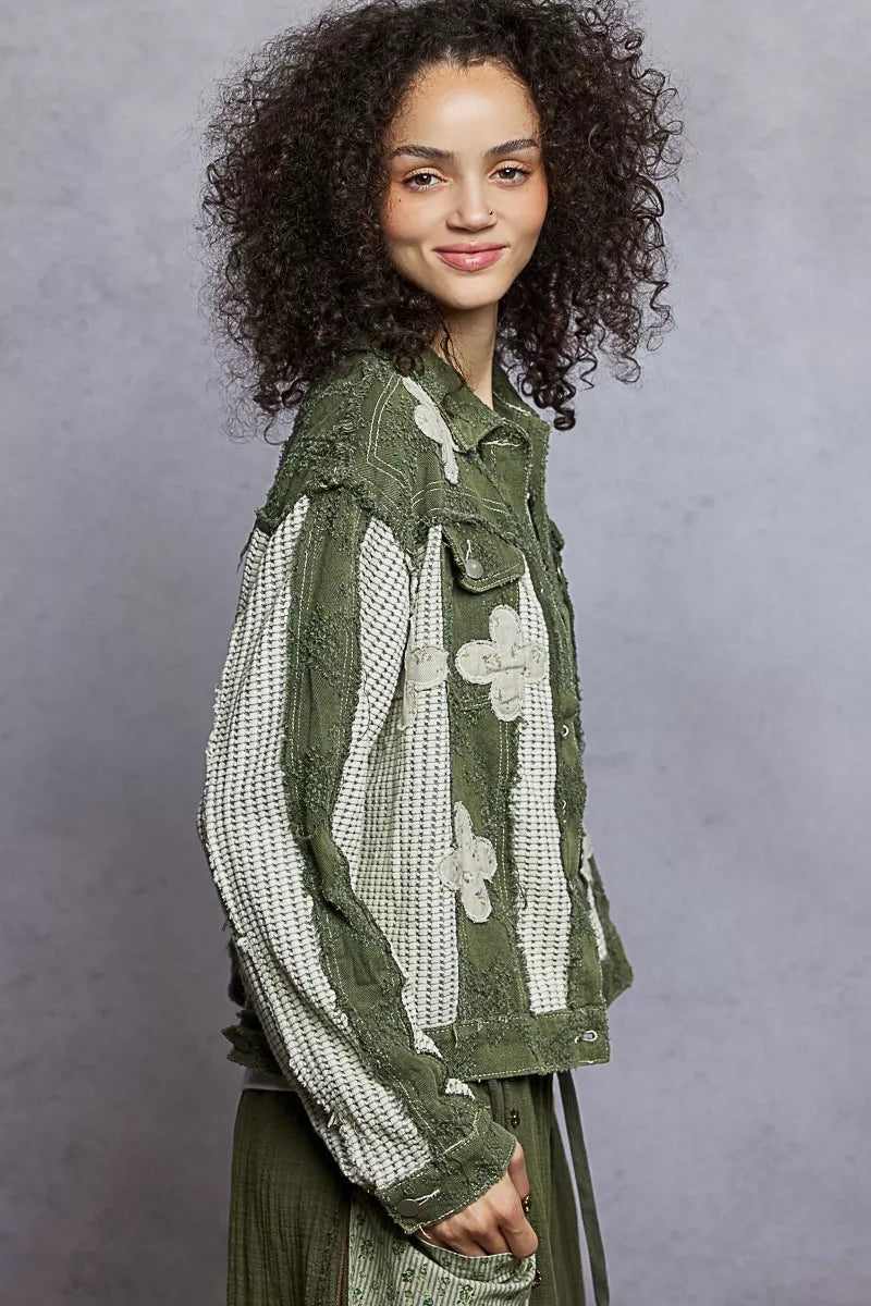 POL Olive Multi Button Down Raw Hem Jacket with Floral Patches