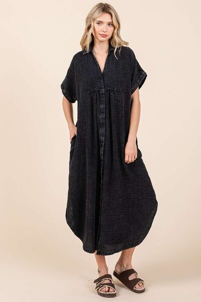 Mittoshop Charcoal Mineral Wash V Neck Button Up Midi Shirt Dress Charcoal