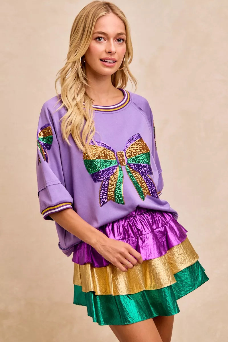 BiBi Lavender Mardi Gras Theme Ribbon Sequin Patched Top