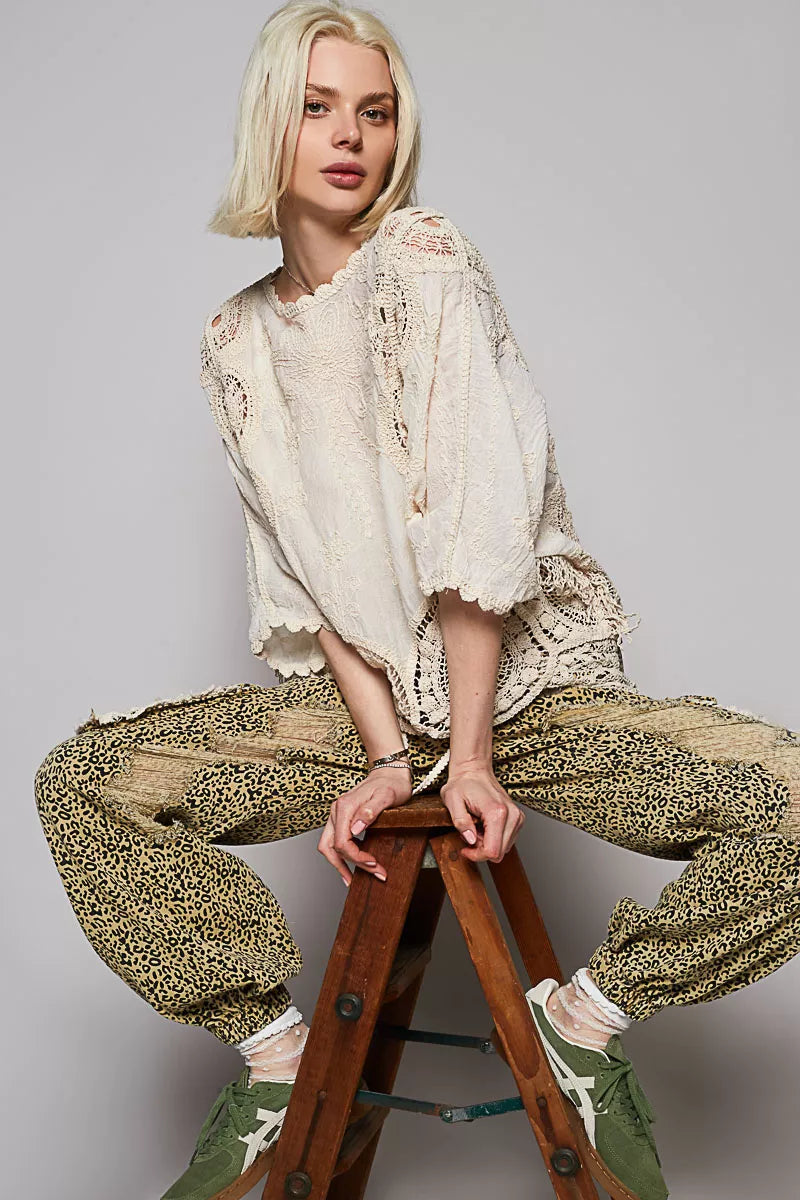 POL Natural Round Neck Crochet Top with Floral Embroidery Detail