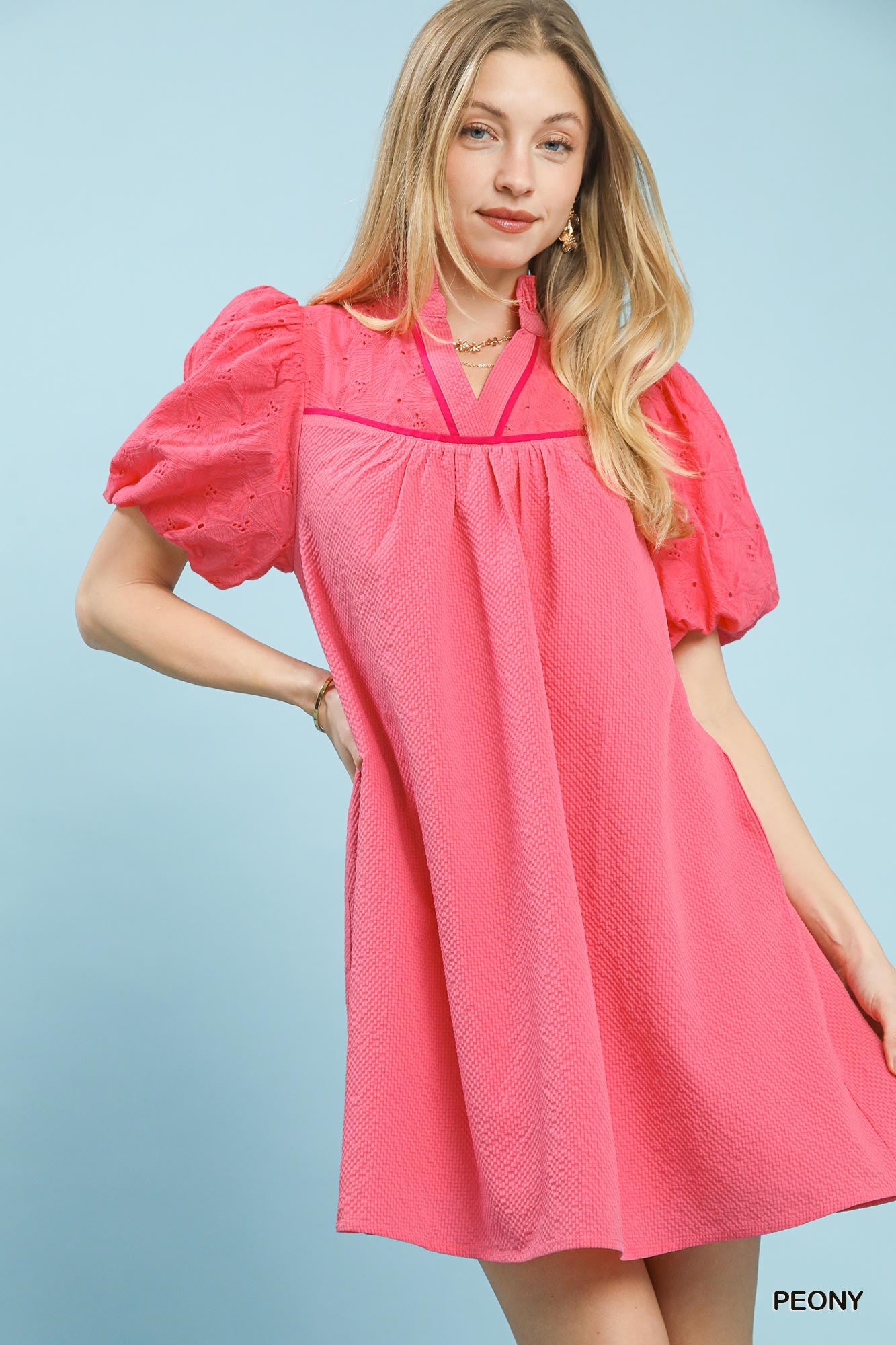 Umgee Puff Sleeve Textured Babydoll Dress PEONY