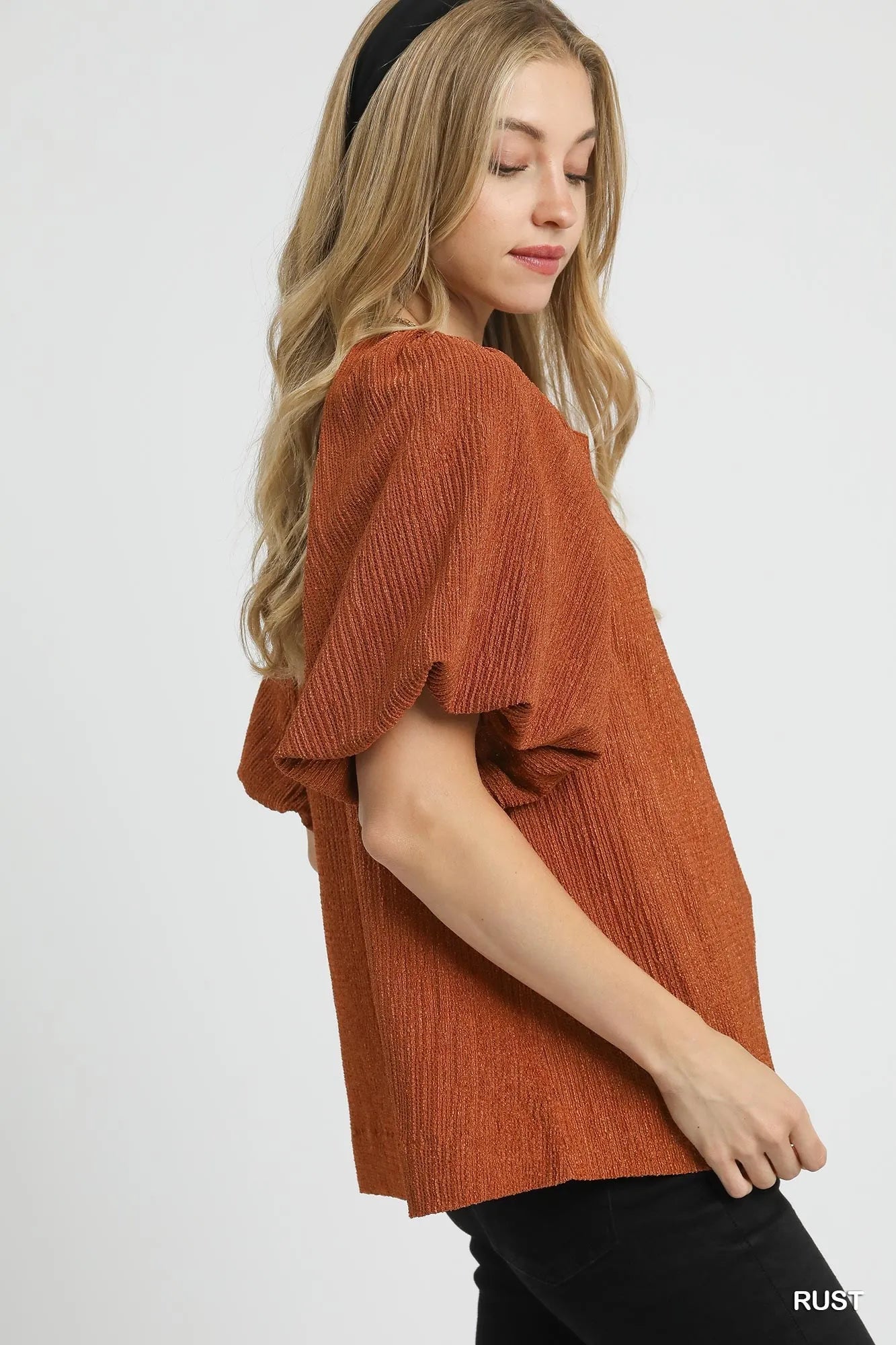 Umgee Rust Textured Flutter Sleeve Notch Neck Top