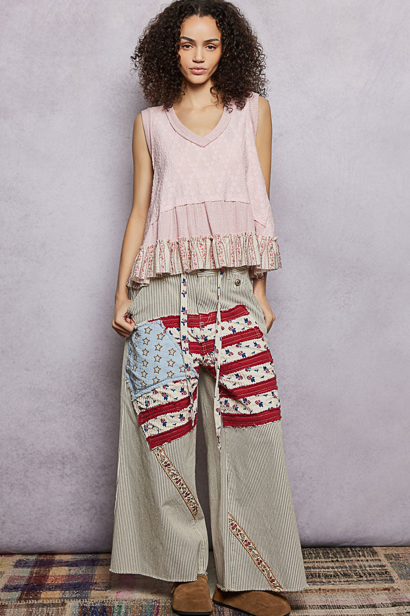 POL Blush Floral Print V-Neck Textured Tank