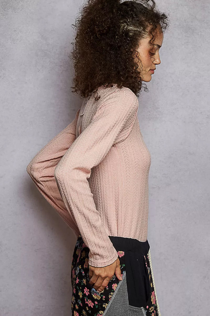 POL Powder Pink Square Neck Cropped Knit Top with Curved Hem