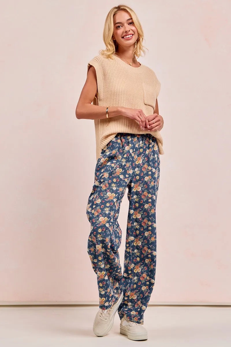 BiBi Washed Floral Print Wide Leg Jeans DENIM