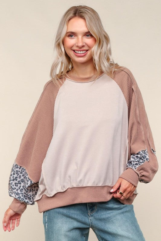 Haptics Taupe & Animal Print Oversized Dolman Colorblock Terry Top 1X
