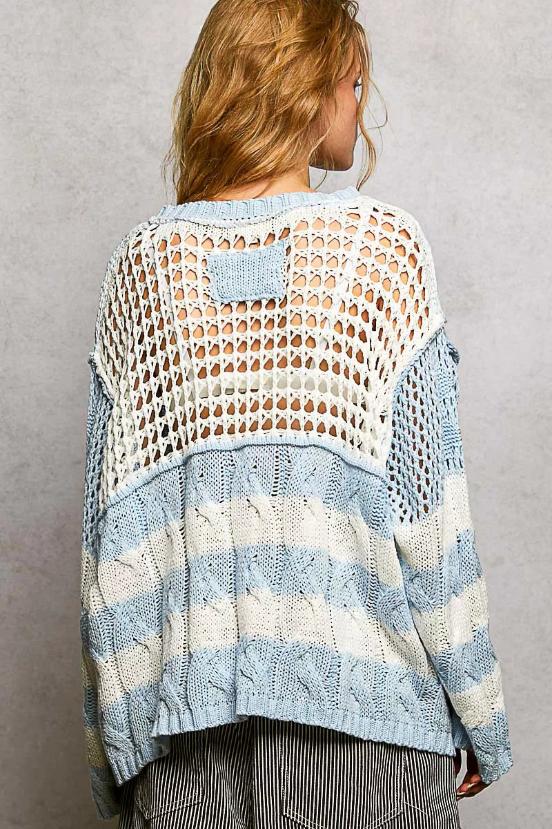 POL Sky Blue Color-Blocked Stripe Pattern Knit Top with Twisted Weave