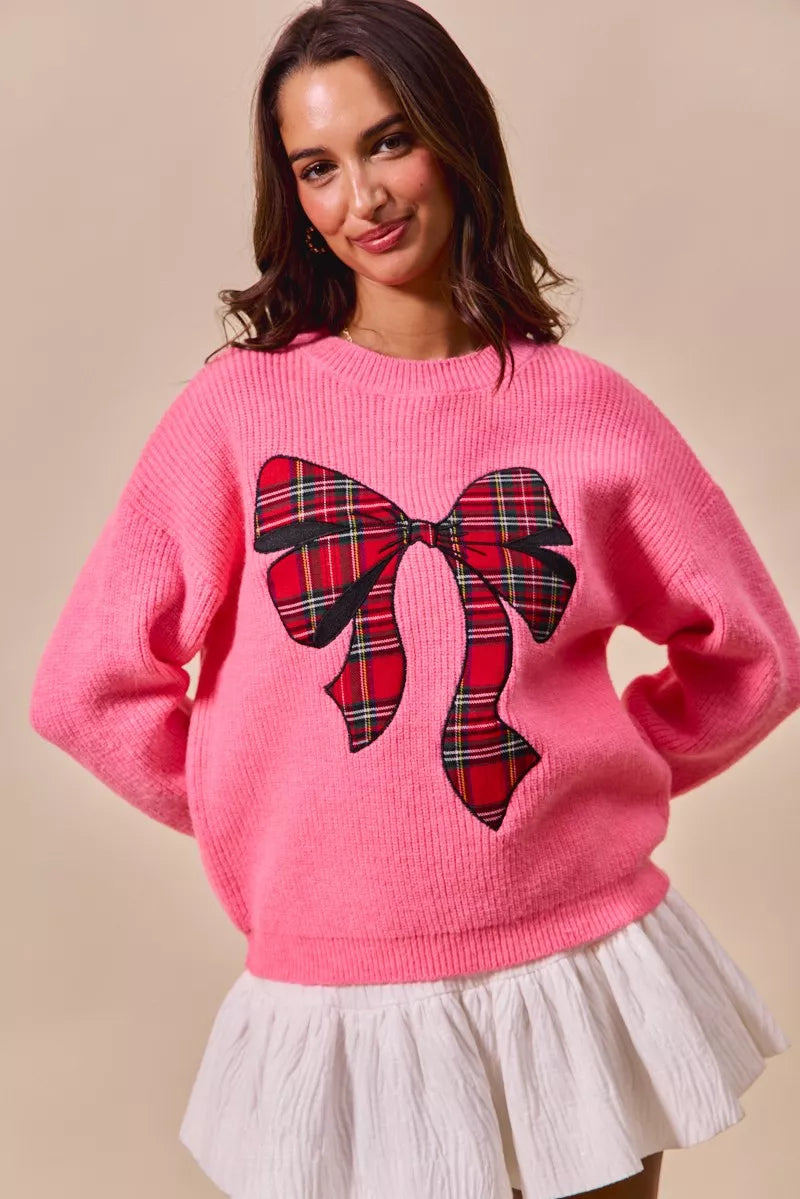 SO ME Pink Checker Plaid Ribbon Christmas Holiday Sweater