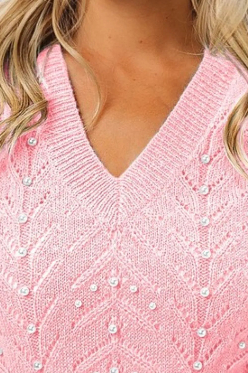BiBi Blush Chevron Pointelle Pearl Knit Top