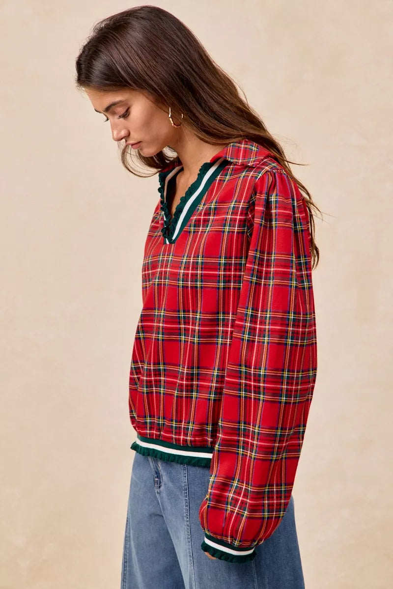 BiBi Christmas Red Plaid Collared Top with Ruffled Detail