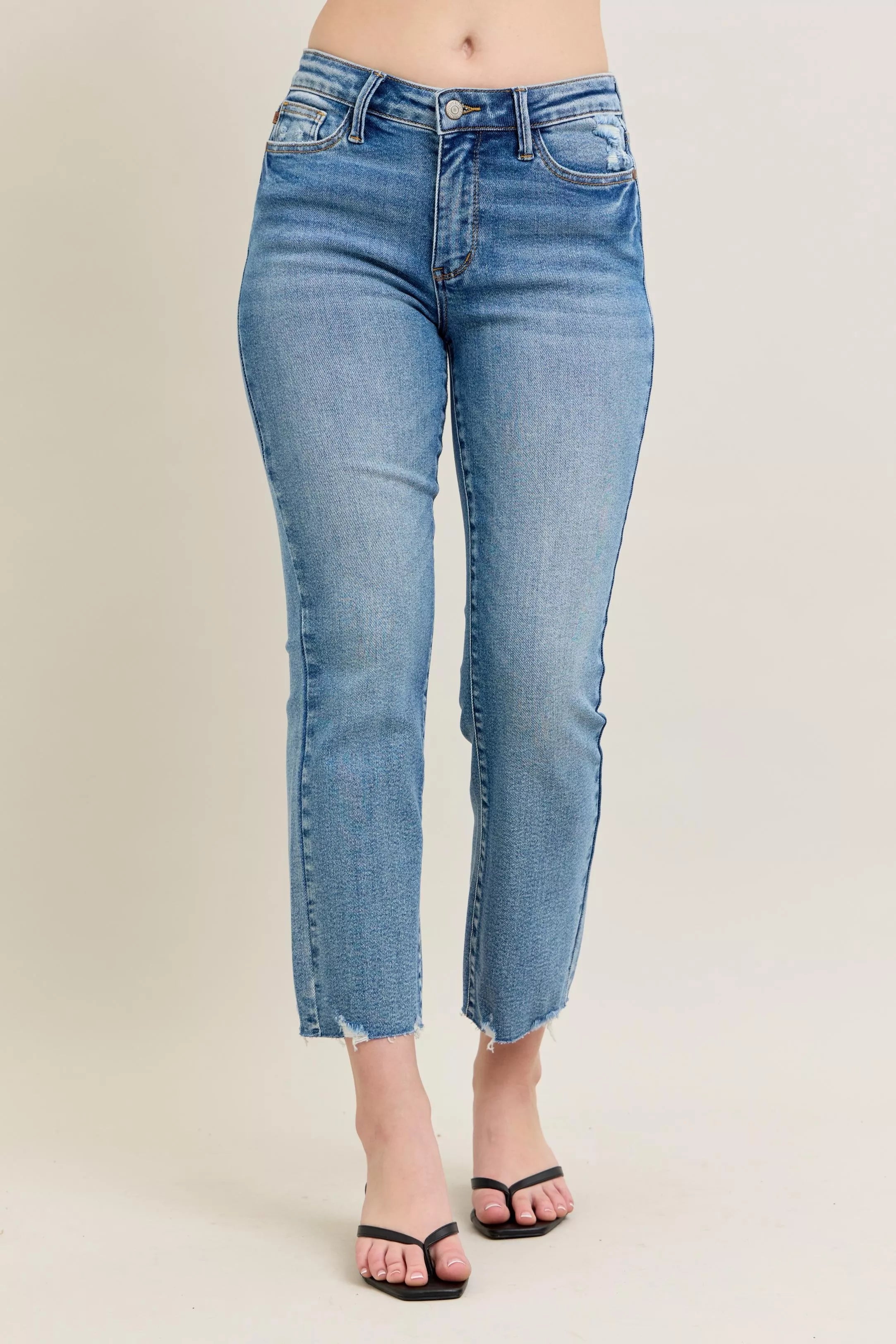 Judy Blue Mid-rise Vintage Wash Destroy Hem Kick Flare Jeans
