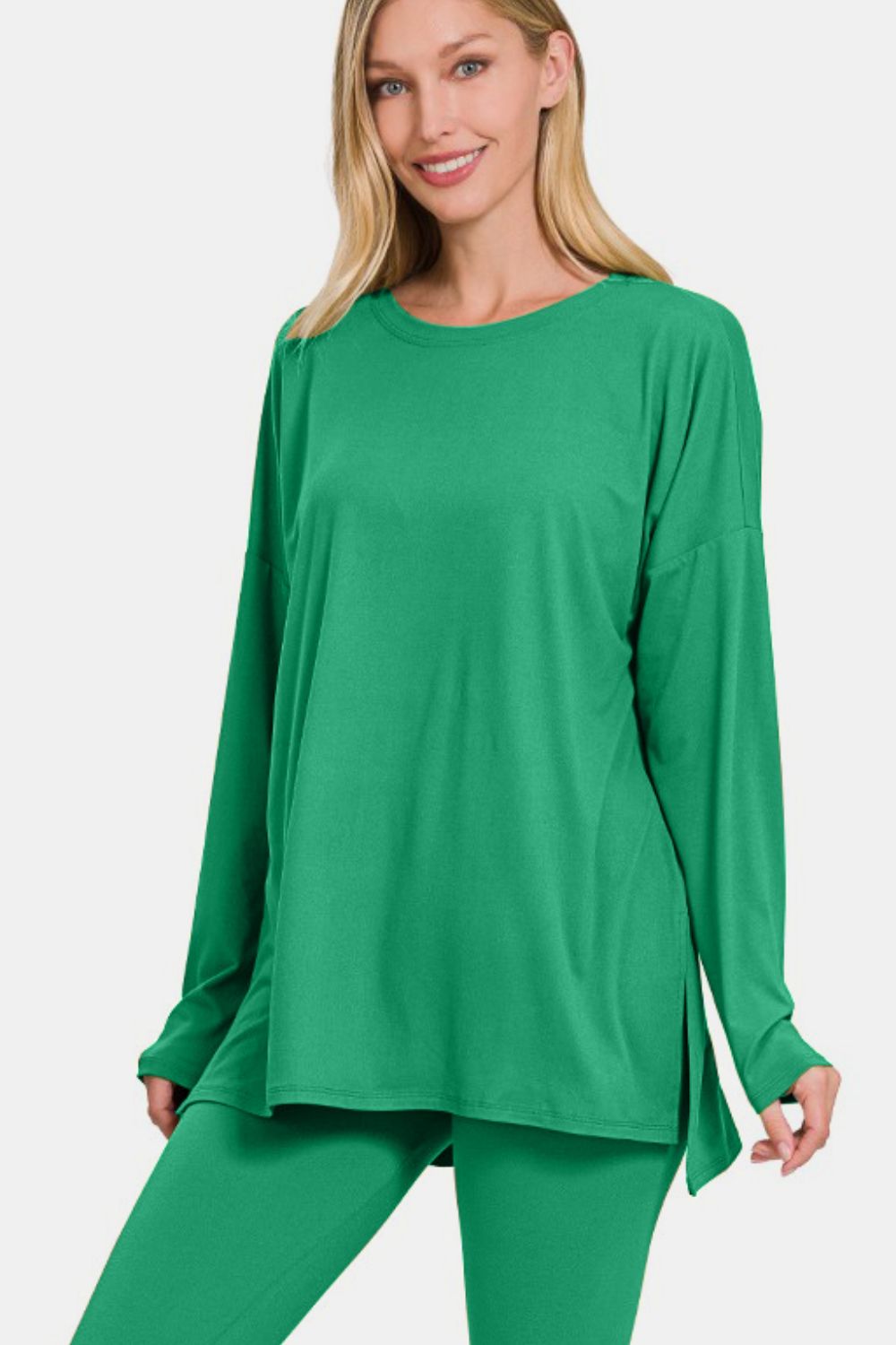 Zenana Kelly Green Brushed Microfiber Long Sleeve Top and Leggings Lounge Set Loungewear