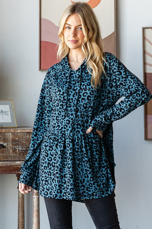 Heimish Teal Leopard Print Puff Sleeve Hooded Top Shirts & Tops