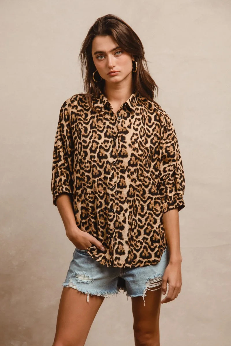 BiBi Leopard Print Button Up Oversized Short Sleeve Top