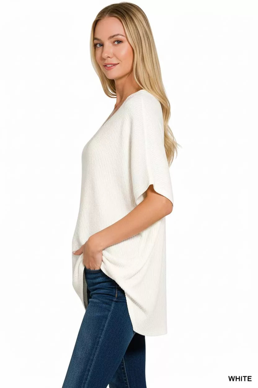 Zenana White Raised Rib V-Neck Batwing Top