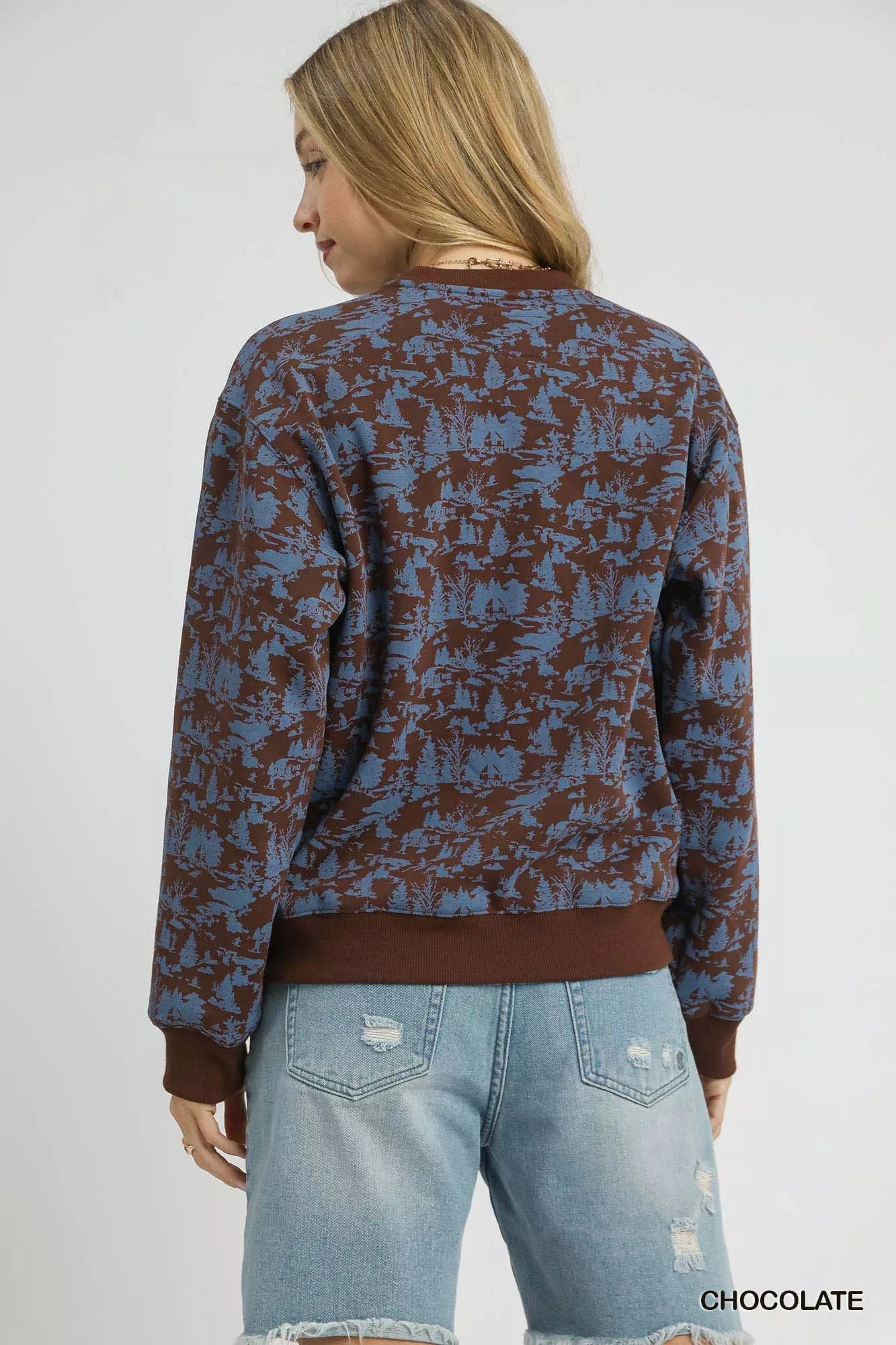 Umgee Chocolate Scenic Print "Après All Day" Cropped Sweatshirt