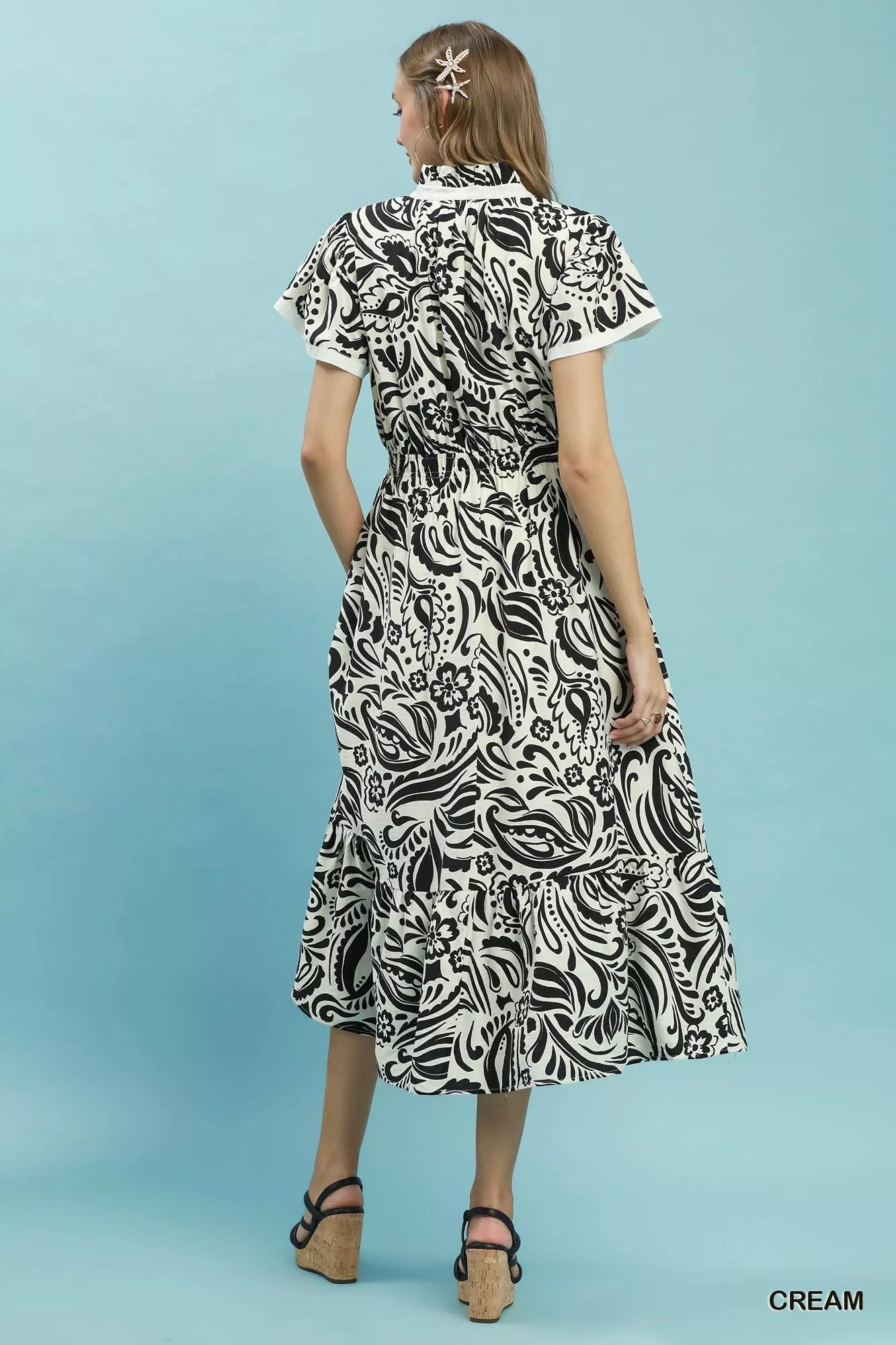 Umgee Cream Paisley Print Midi Dress with Side Pockets