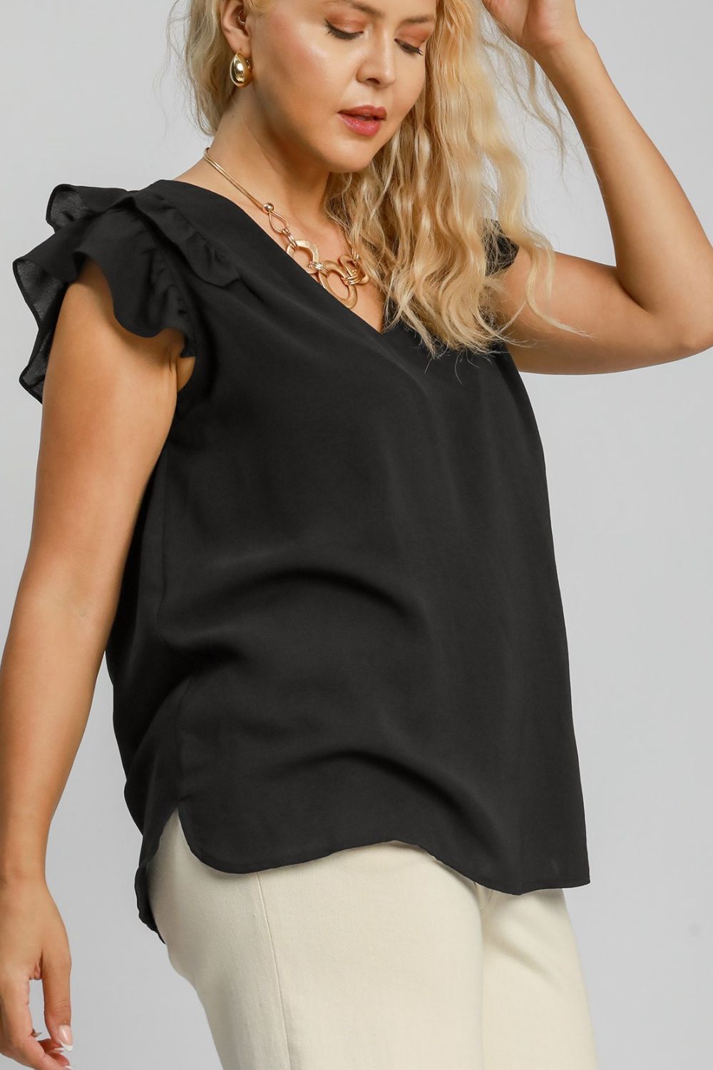 Umgee Black V-Neck Double Layered Ruffle Sleeve Blouse