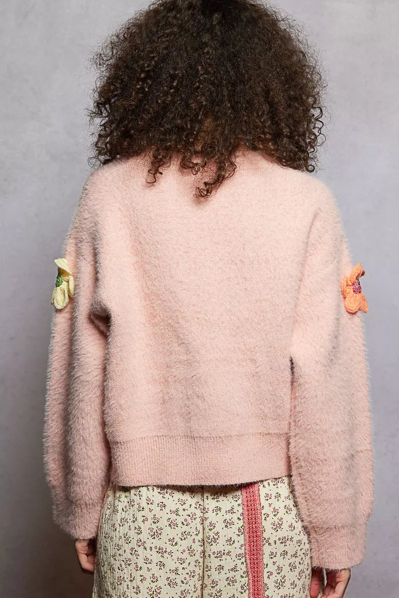 POL Pink Round Neck Long Sleeve Sweater with 3D Floral Patch Detail