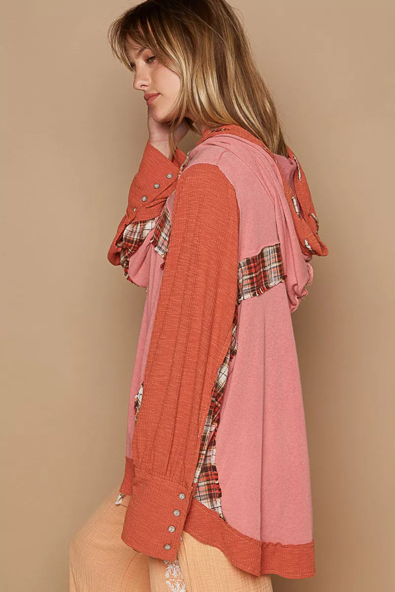 POL Blush Brick Oversized Drawstring Long Sleeve Hoodie with Plaid Detail