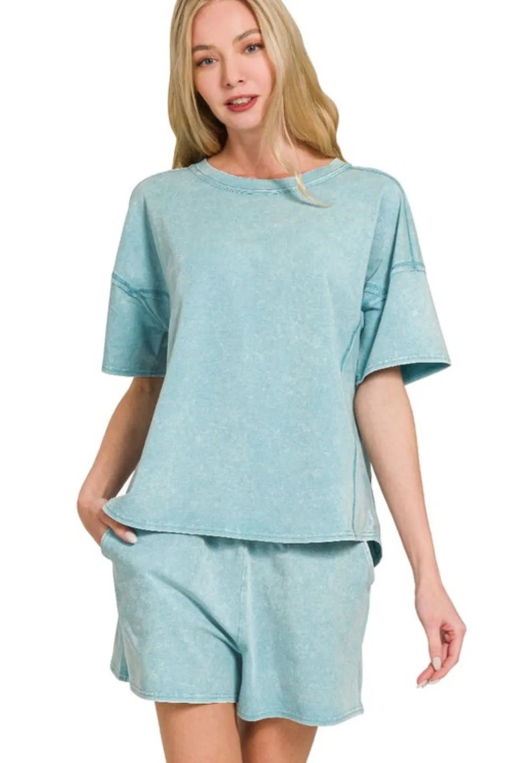 Zenana Dusty Teal Acid Washed Short Sleeve Tee & Shorts Set DUSTY TEAL