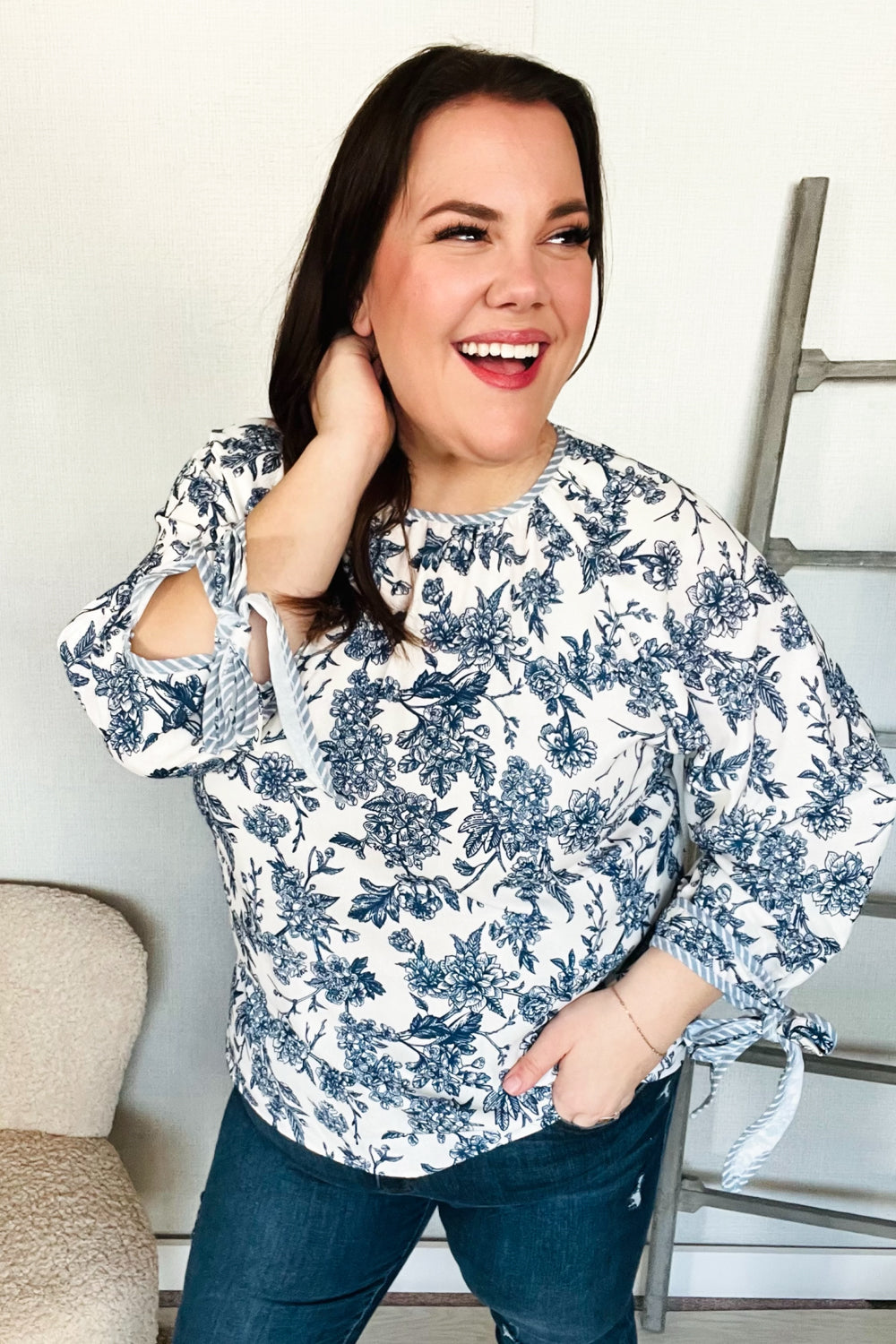 Large Haptics Vintage Chic Navy & Ivory Three-Quarter Bow Sleeve Contrast Stripe Blouse