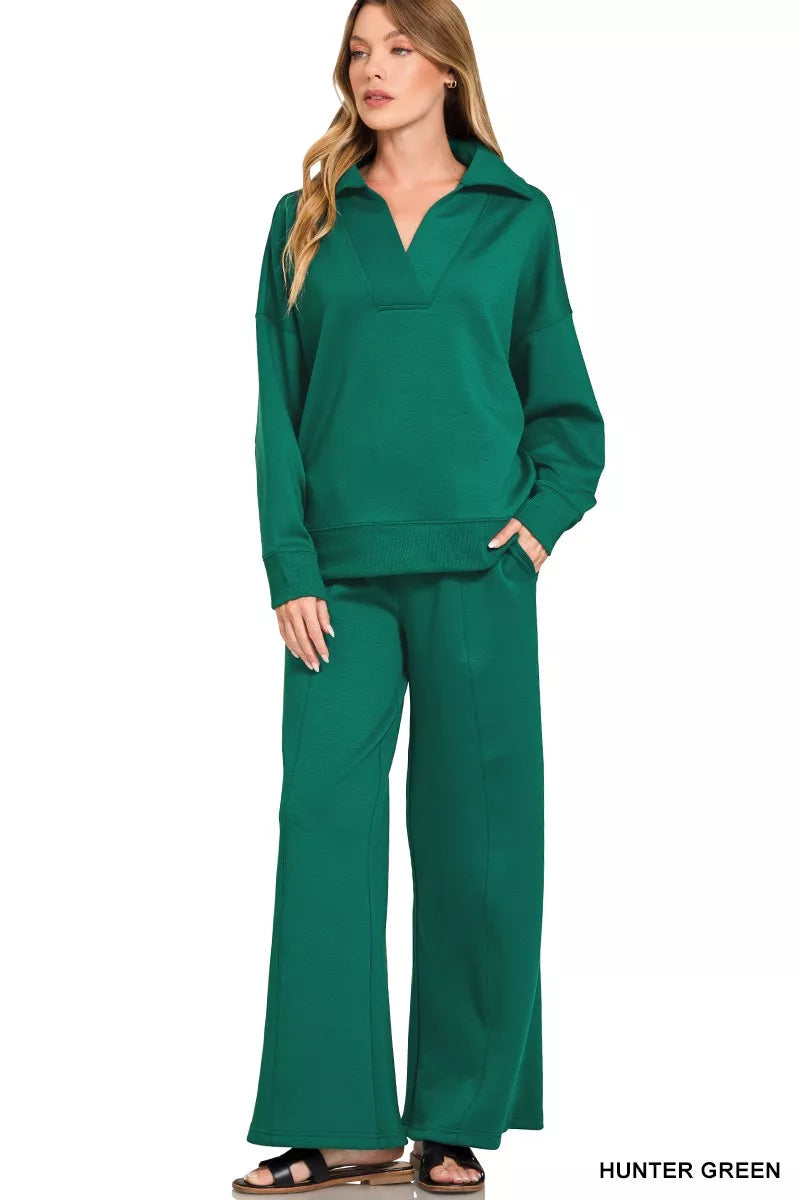 Zenana Hunter Green Scuba Collared Pullover and Pants Set HUNTER GREEN