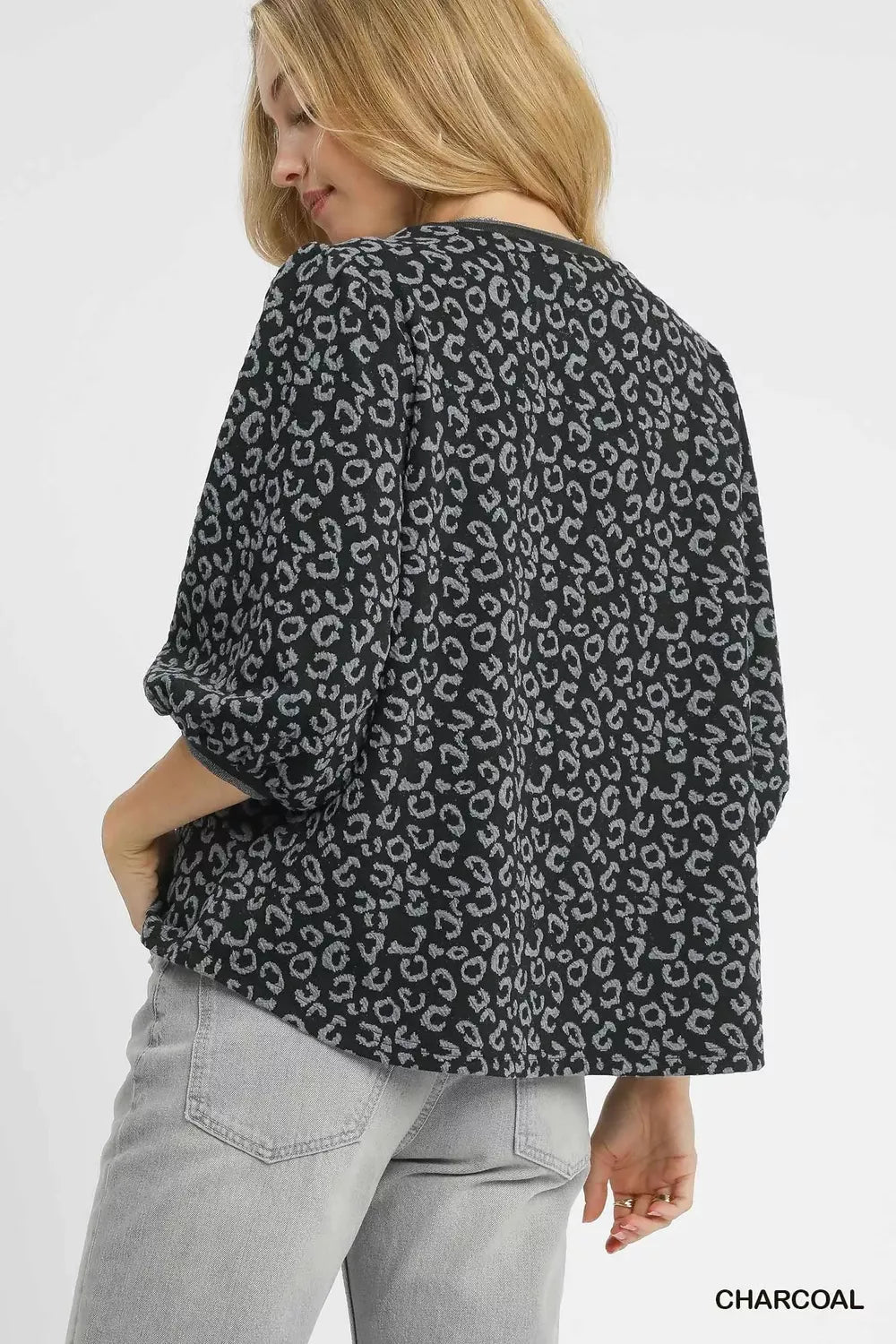 Umgee Charcoal Leopard Print Jacquard Blouse with Puff Sleeves