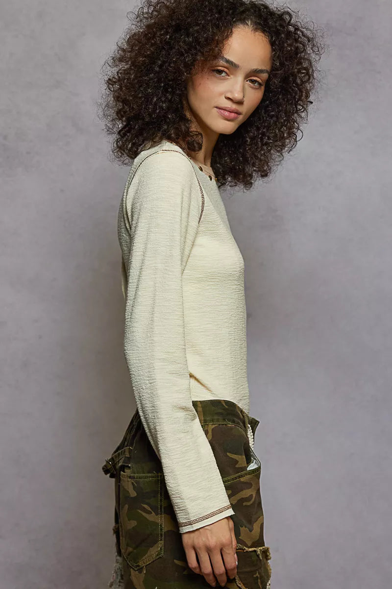 POL Cream Round Neck Long Sleeve Contrast Stitching T-Shirt with Stud Detail