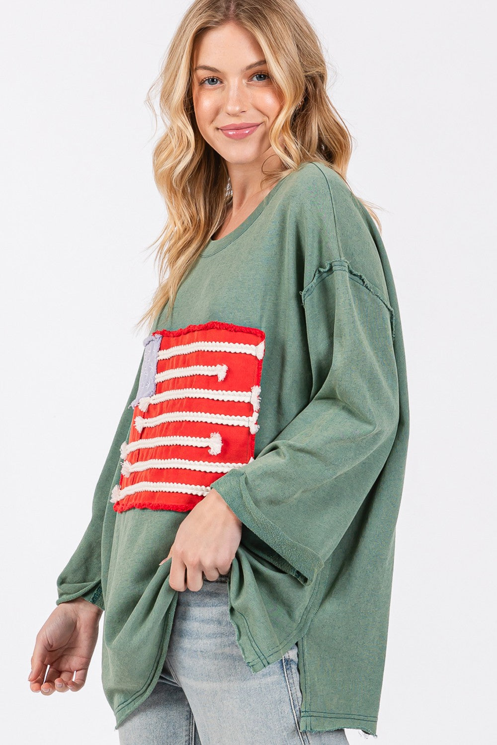 SAGE + FIG Teal American Flag Patch Drop Shoulder T-Shirt Shirts & Tops