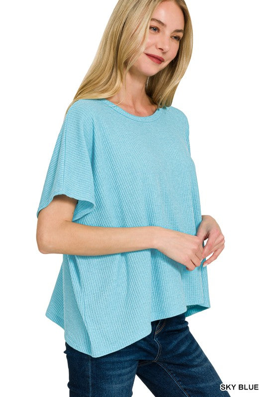 Zenana Blue Gray Ribbed Round-Neck Short-Sleeve Knit Sweater