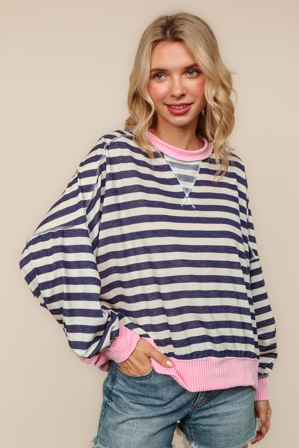Haptics Navy & Pink Crew Neck With Triangle Detail Drop Shoulder Loose Fit Oversized Long Sleeve Color Block Stripe French Terry Pullover