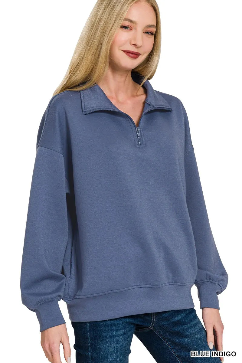 Zenana Blue Indigo Scuba Quarter-Zip Long Sleeve Sweatshirt BLUE INDIGO