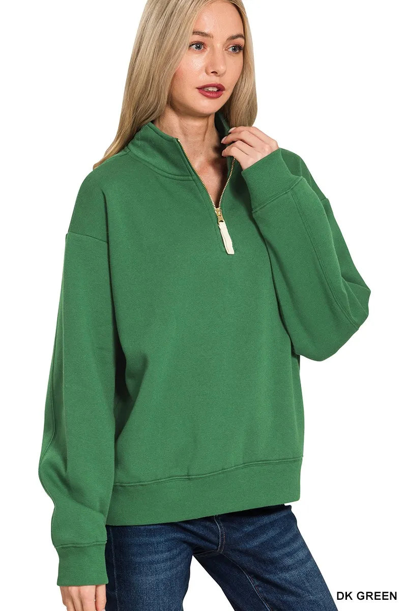 Zenana Dark Green Fleece Half Zip Sweatshirt