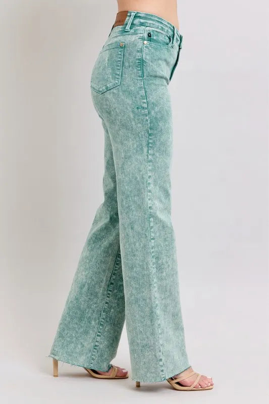 Judy Blue Sea Green High Waist Garment Dyed Raw Hem Dad Jeans