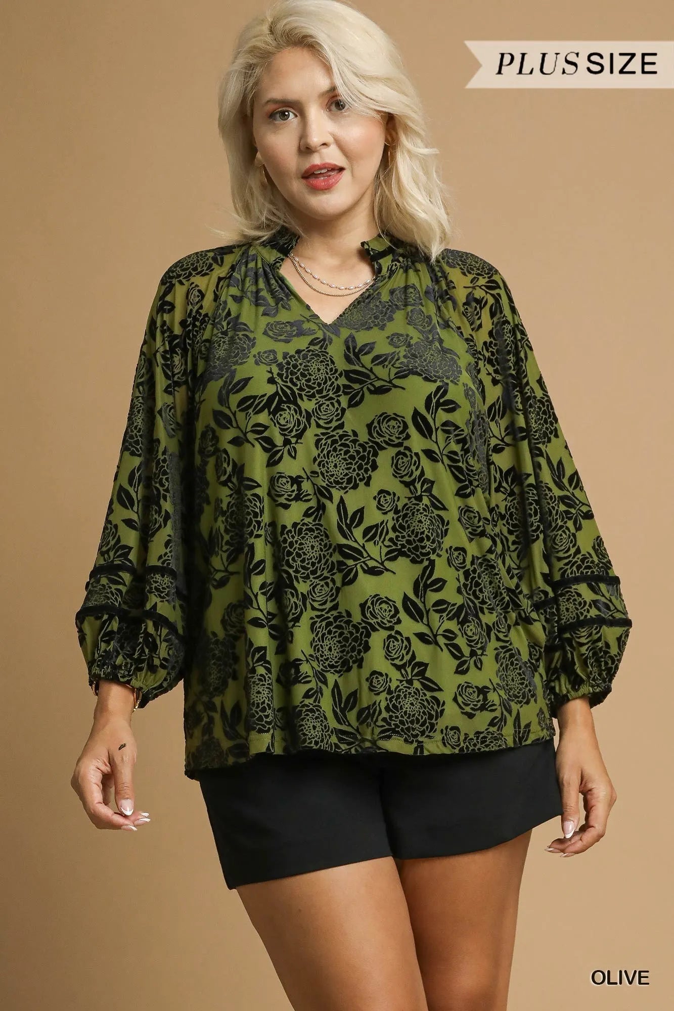 Umgee Olive Floral Velvet Burnout Blouse with Balloon Sleeves