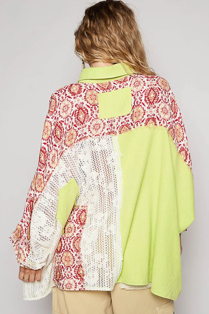 POL Neon Lime Thermal and Crochet Lace Mix Shirt with Floral Pattern