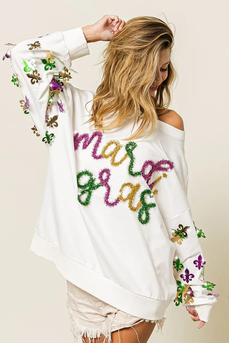 BiBi Off White Fleur De Lis Sleeve Mardi Gras Pullover