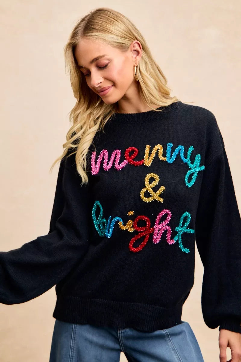 BiBi Black Tinsel Lettering Merry & Bright Christmas Sweater