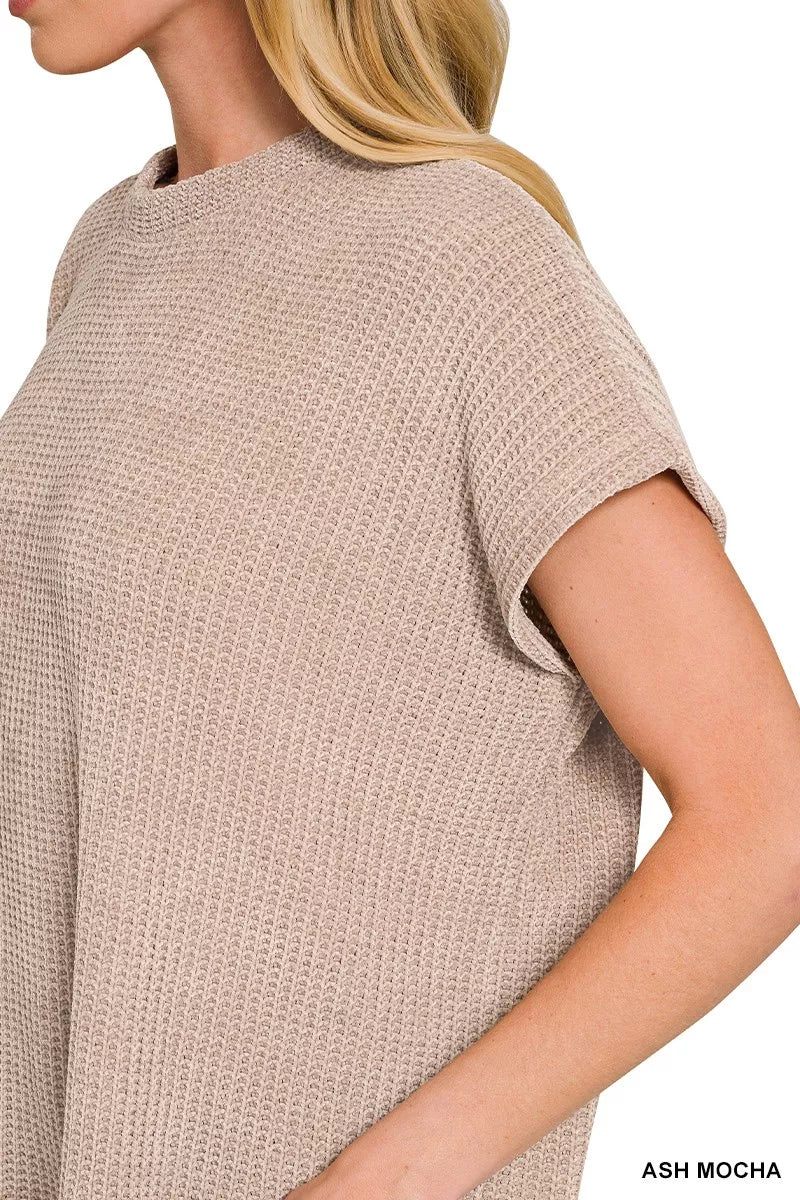 Zenana Ash Mocha Chenille Waffle Cap Sleeve Sweater