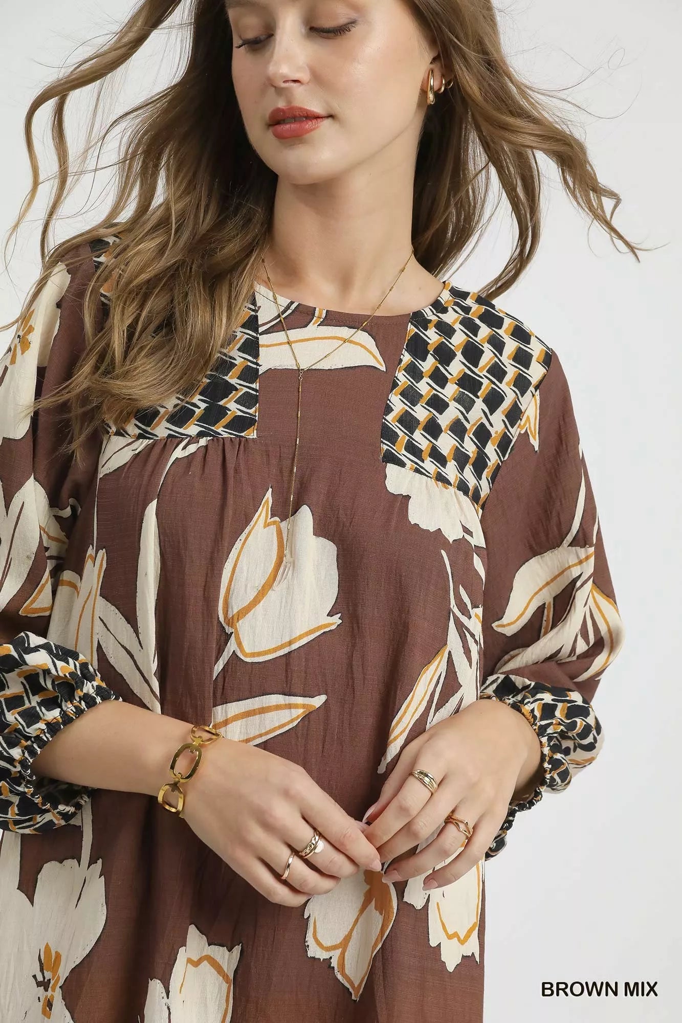 Umgee Brown Mix Floral High-Low Babydoll Dress