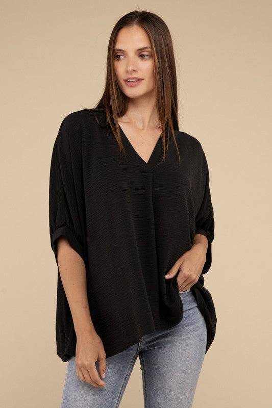 Zenana Black Woven Airflow V-neck Puff Half Sleeve Top BLACK