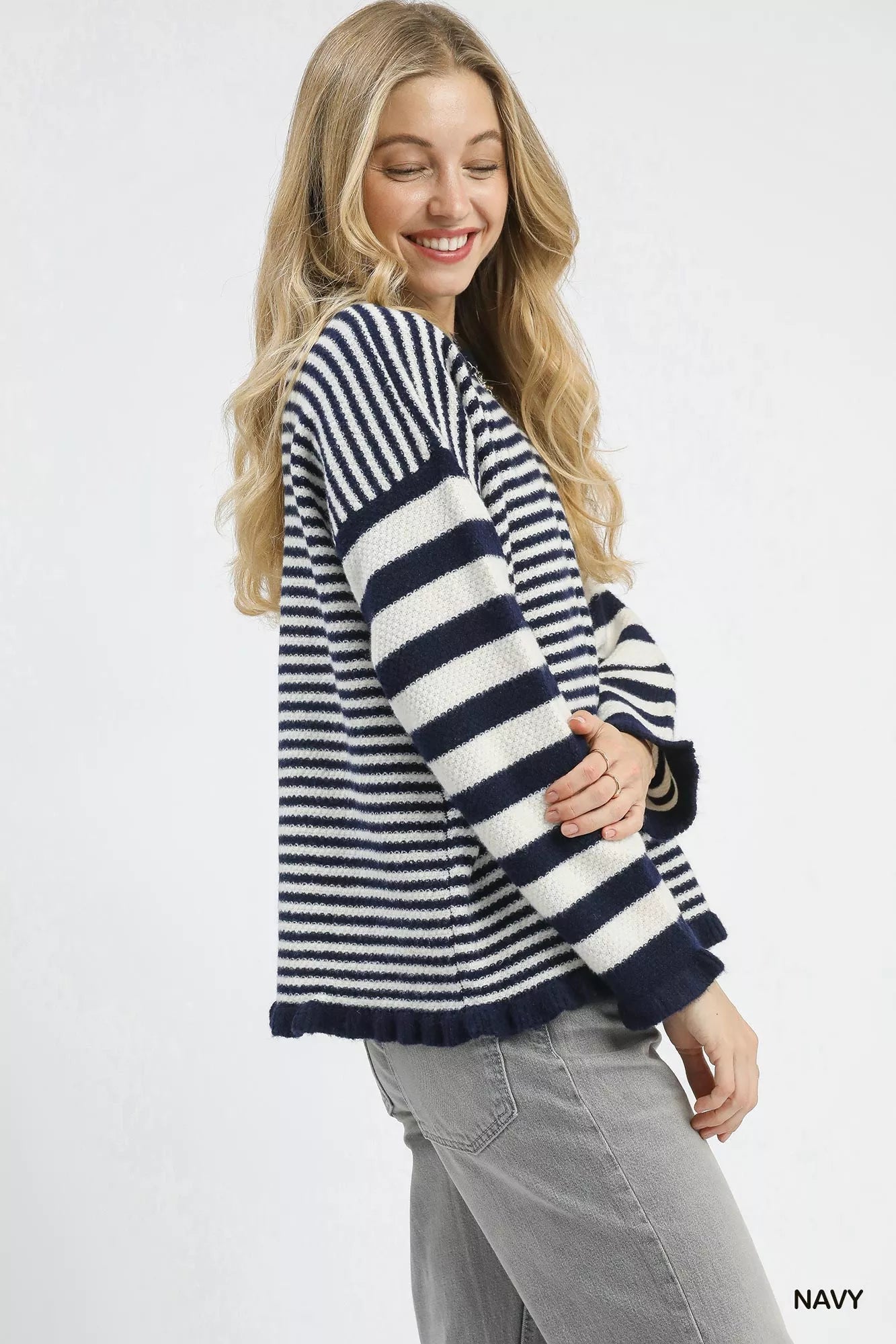 Umgee Ruffle Neck Navy Stripe Sweater