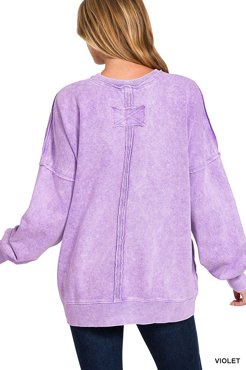 Zenana Violet Halo Washed French Terry Exposed-seam Sweatshirt