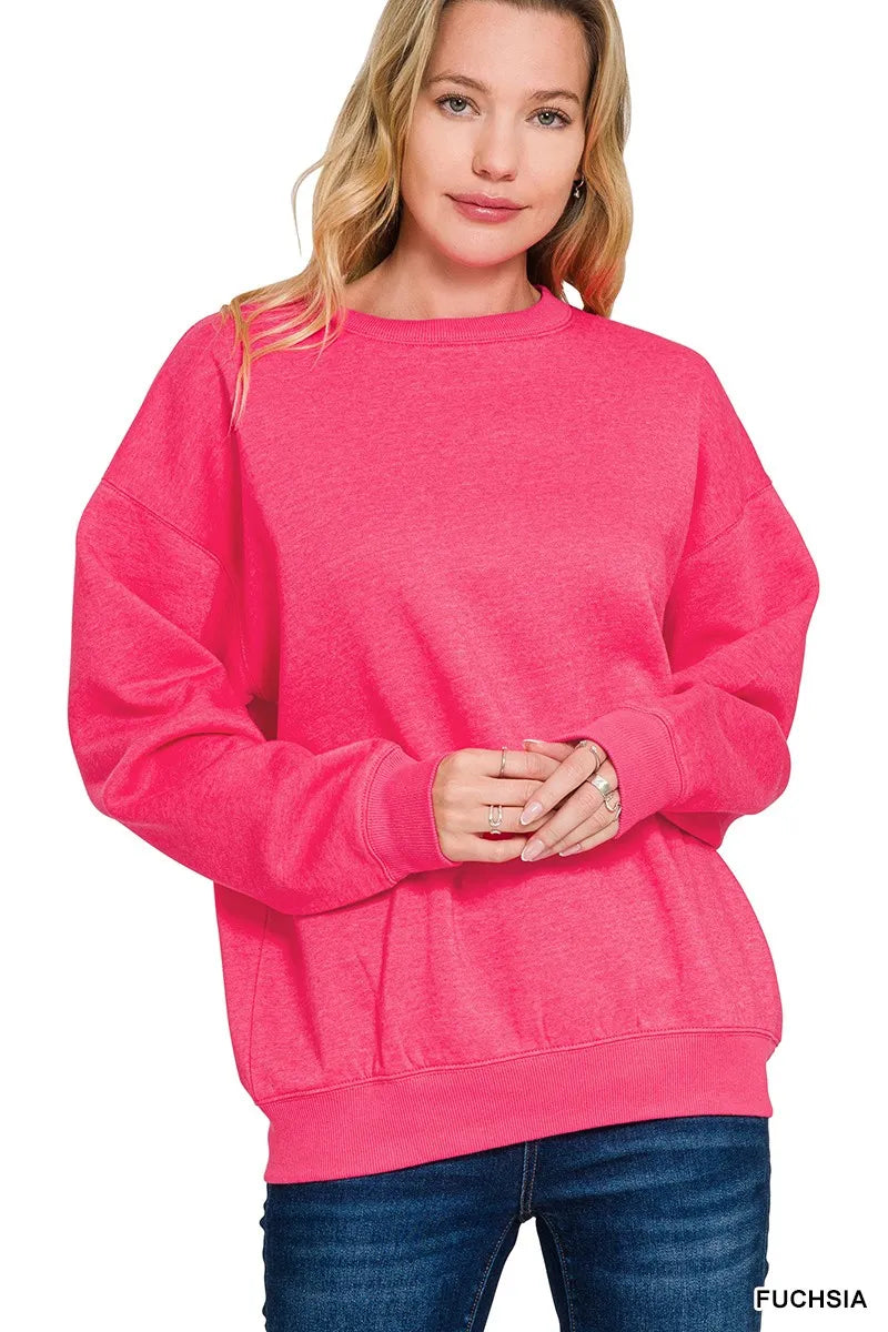 Zenana Fleece Crewneck Long Sleeve Sweatshirt FUCHSIA