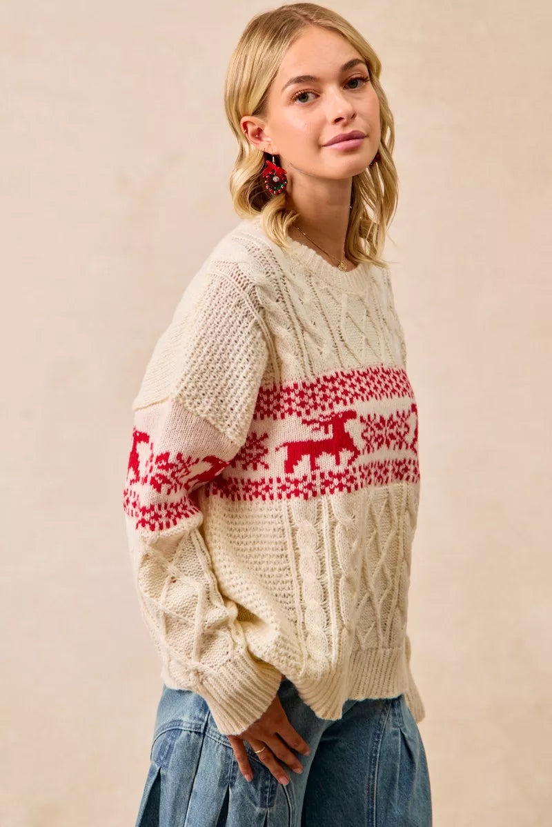 BiBi Christmas Theme Patterned Cable Knit Sweater