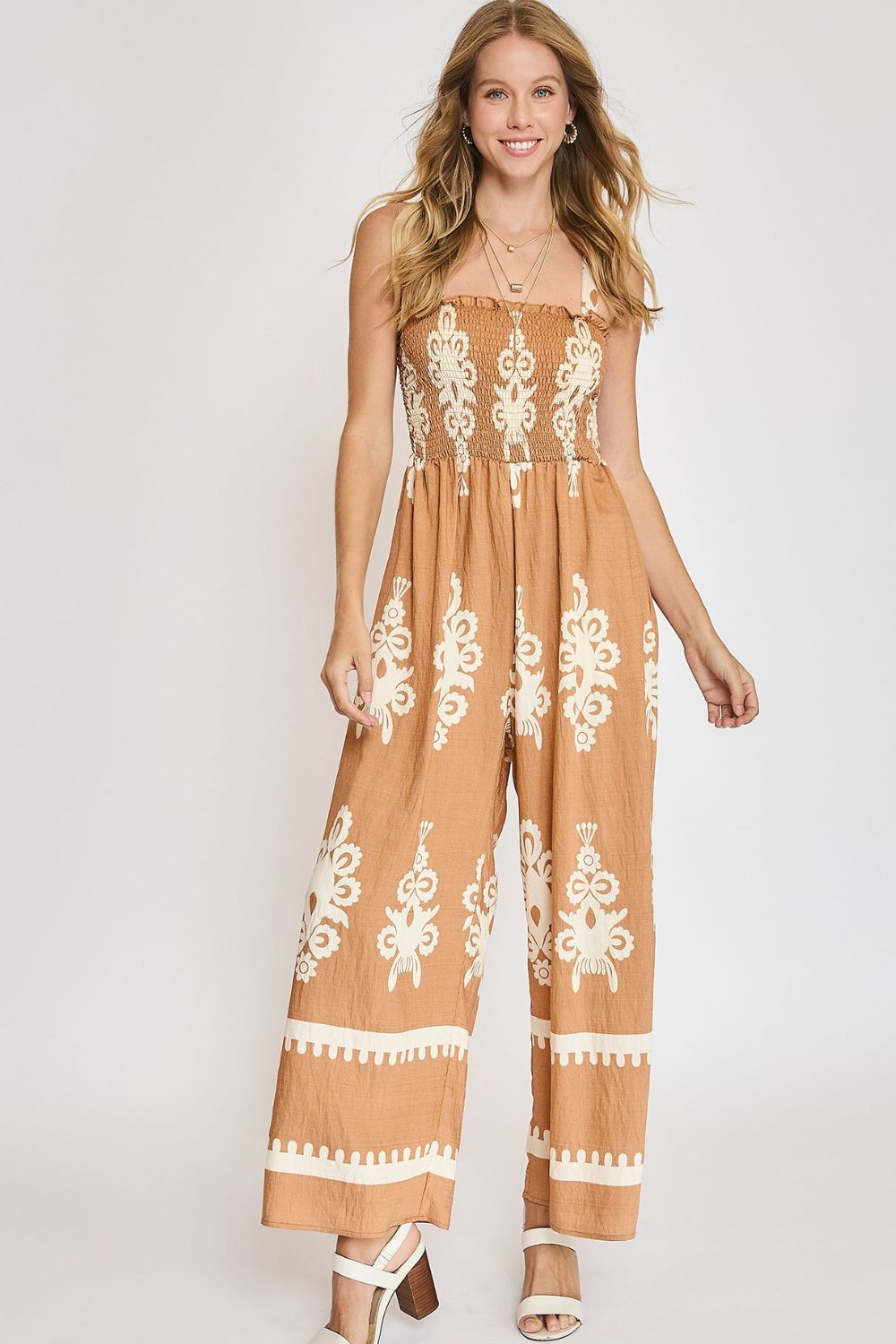 Umgee Mocha Smocked Printed Wide Leg Jumpsuit MOCHA